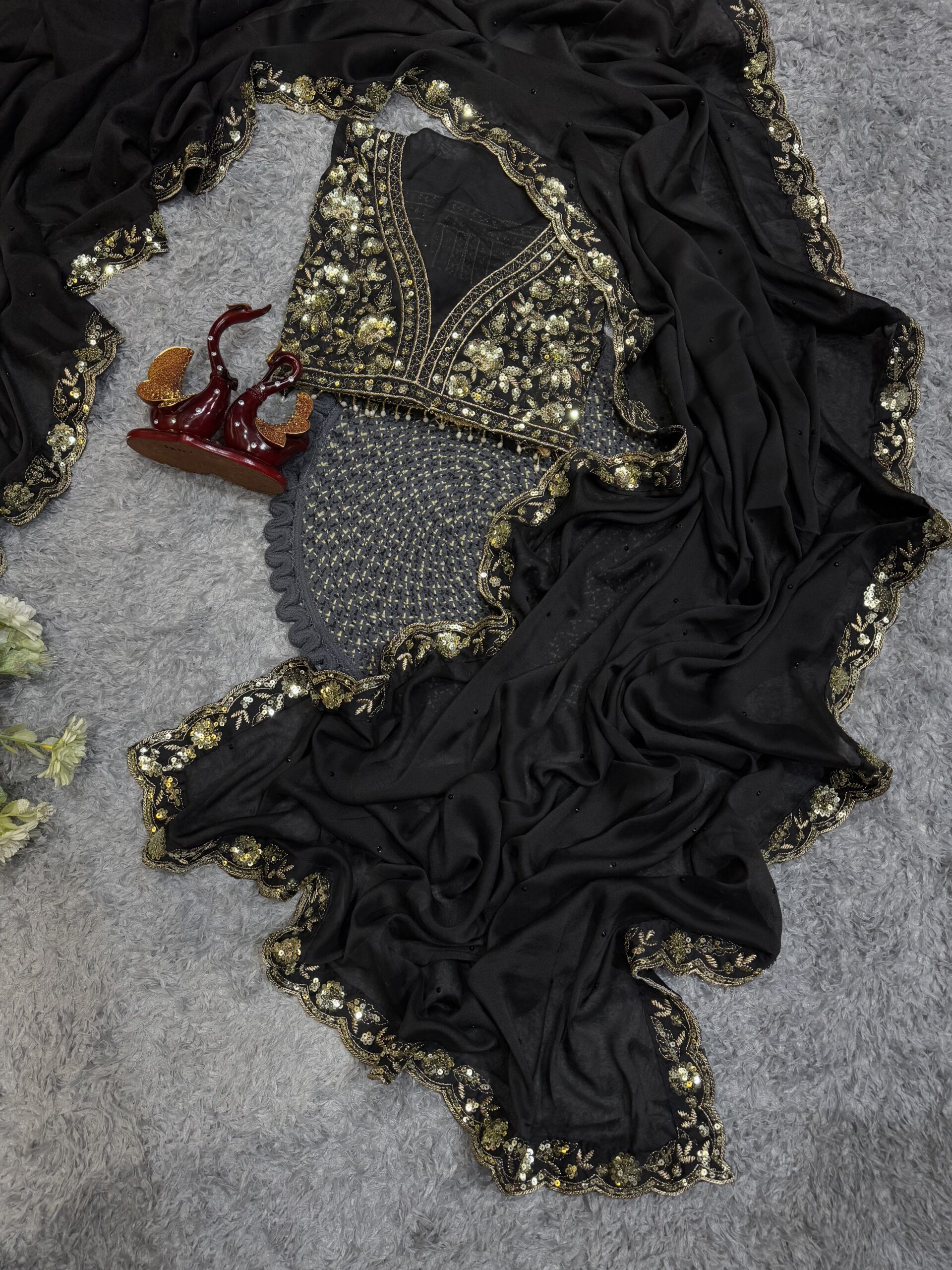 Women's Elegant Black Georgette/Chiffon Saree with Intricate Gold & Silver Embellished Border – Paired with Heavy Sequin & Zari Work Blouse for Festive & Wedding Wear - Image 8