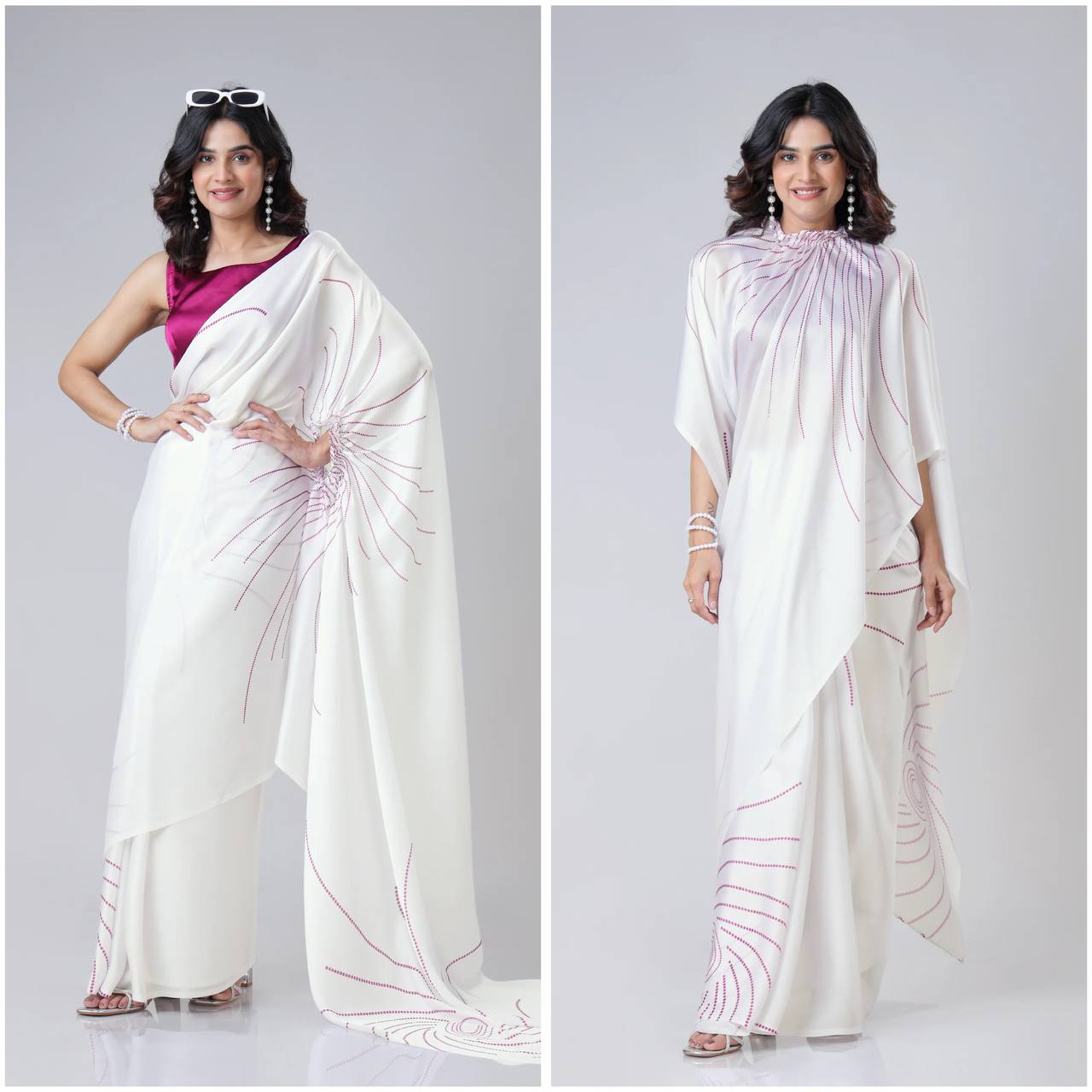 Women's Modern Dual-Tone Peach & Off-White Satin Silk Kaftan Saree with Digital Print Neck Design - Image 18