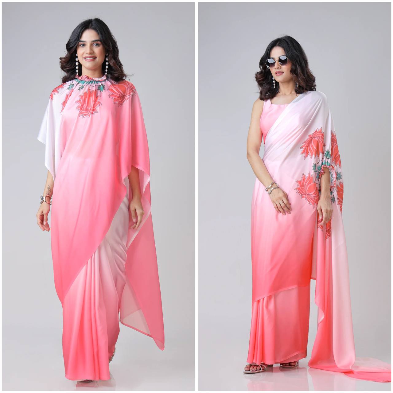 Women's Modern Dual-Tone Peach & Off-White Satin Silk Kaftan Saree with Digital Print Neck Design - Image 11