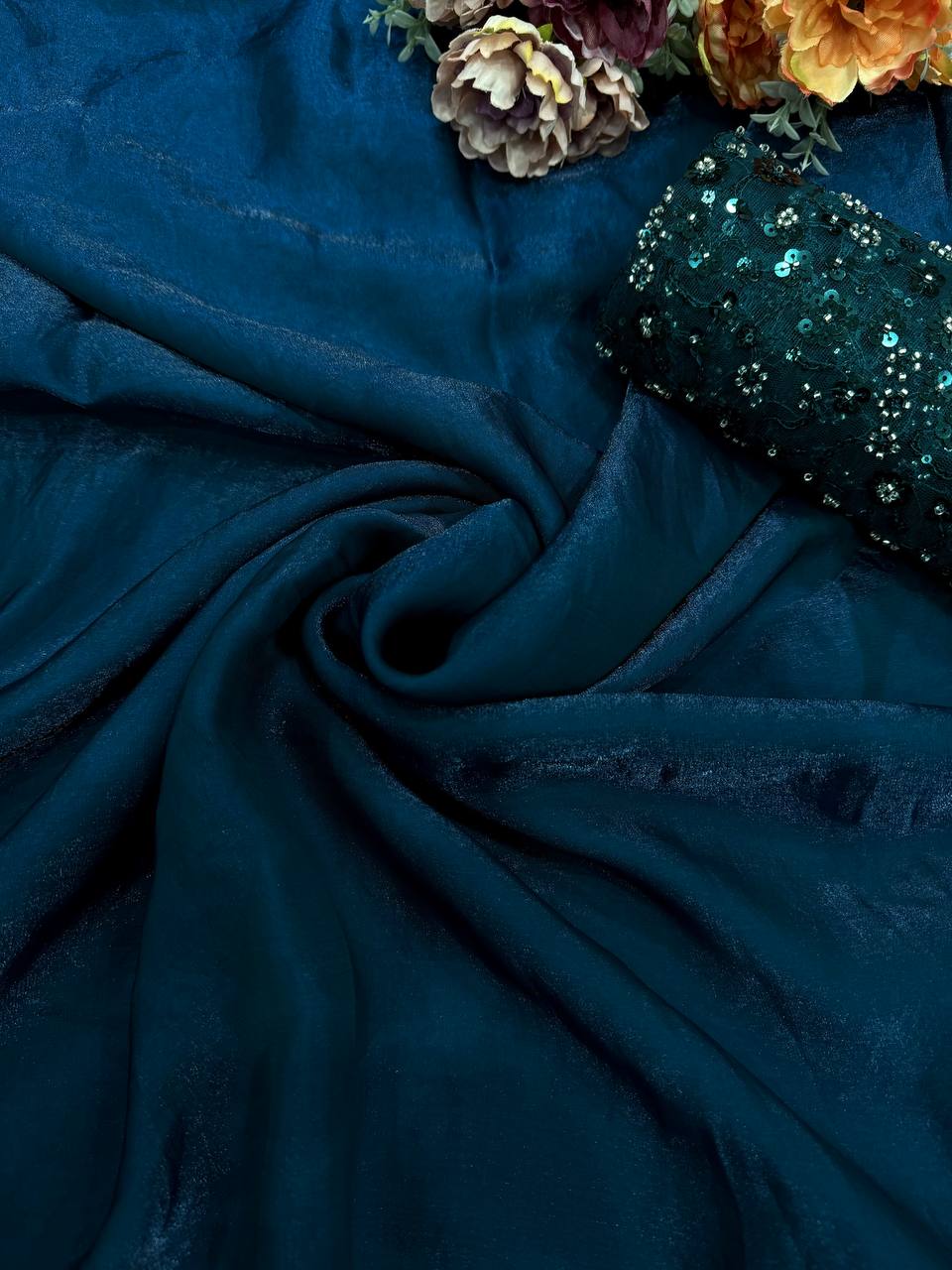 Elegant Peacock Blue Tissue Silk Saree with Sparkling Sequin Work Blouse - Image 3