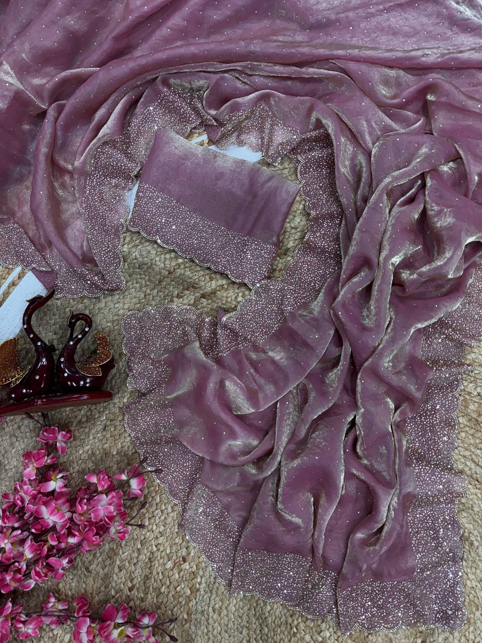 Women's Luxurious Shimmering Grey Organza Saree with Intricately Embroidered Black Blouse - Perfect for Festive & Evening Wear - Image 4