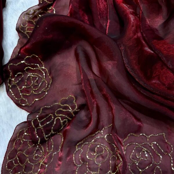 Women's Luxurious Maroon Shimmer Saree with Intricate Gold Zari/Threadwork & Scalloped Border – Complete with Blouse Piece for Festive & Wedding Wear