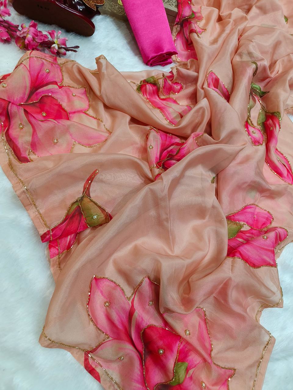 Women's Vibrant Rani Pink Floral Japanese Chiffon Saree with Hand-Painted/Printed Motifs – Perfect for Summer & Casual Festive Wear - Image 5