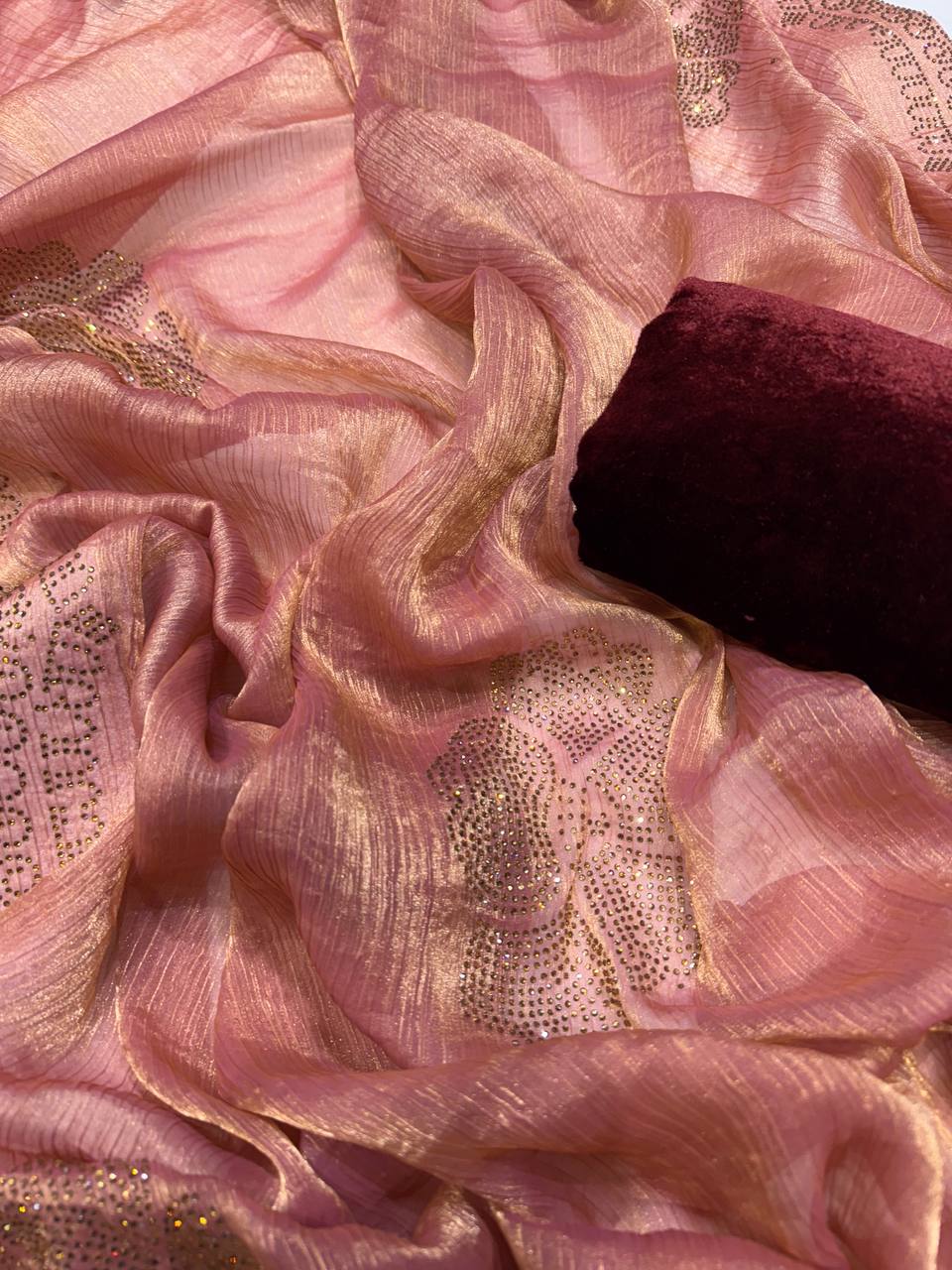 Women's Glamorous Rose Gold Shimmer Saree with All-Over Diamond & Sequin Embellishments – Paired with Luxurious Maroon Velvet Blouse for Festive & Wedding Wear - Image 6