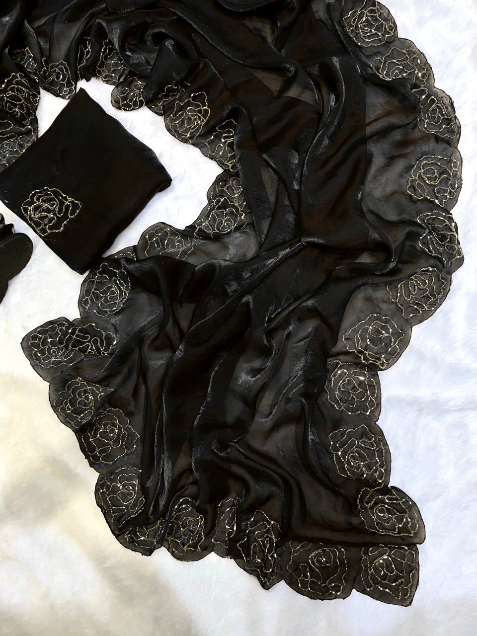 Women's Pure Soft Fendy Satin Saree with Full Floral Handwork Design & Running Blouse Piece – Available in Multiple Colors for Festive & Casual Wear - Image 8