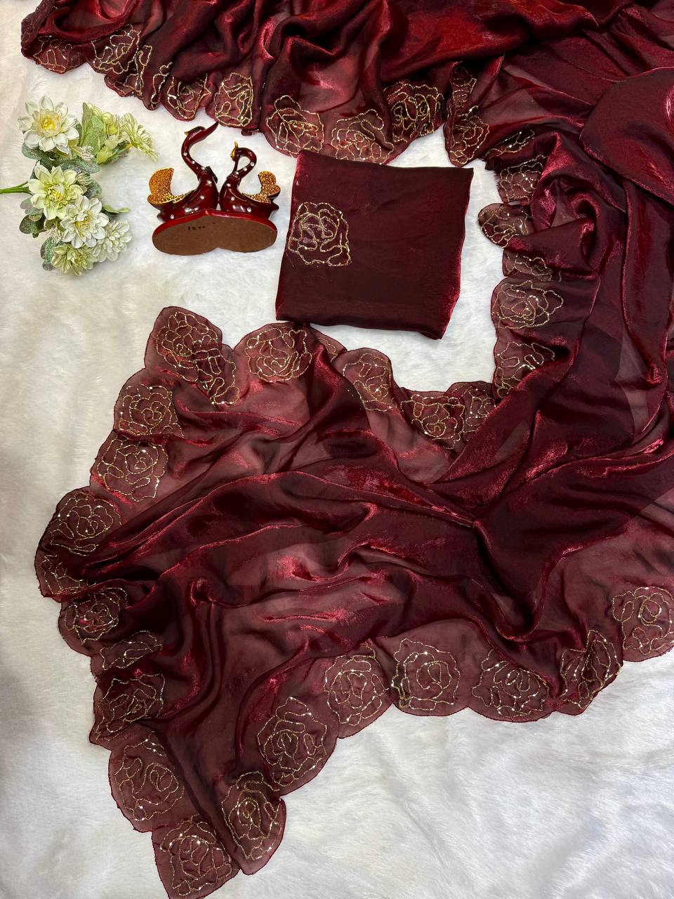 Women's Pure Soft Fendy Satin Saree with Full Floral Handwork Design & Running Blouse Piece – Available in Multiple Colors for Festive & Casual Wear - Image 9