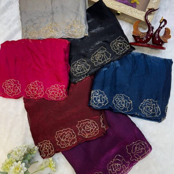 Women's Pure Soft Fendy Satin Saree with Full Floral Handwork Design & Running Blouse Piece – Available in Multiple Colors for Festive & Casual Wear