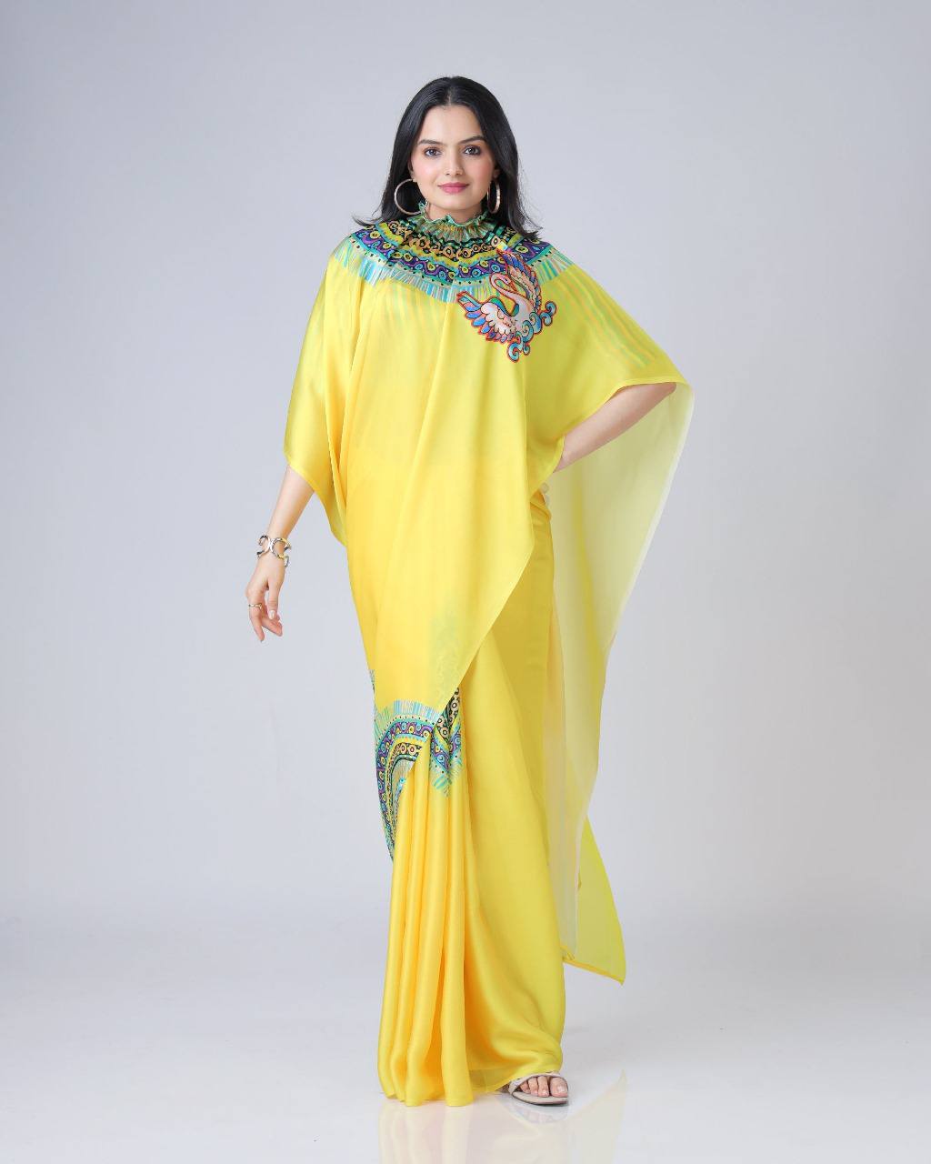 Women's Vibrant Lemon Yellow Satin Silk Kaftan Saree with Multi-Color Digital Print Yoke & Border Design - Image 6