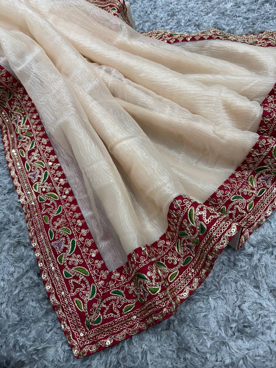 Women's Elegant Cream Georgette/Chiffon Saree with Maroon Zari & Thread Work Border – Paired with Heavy Embroidered Blouse for Wedding & Festive Wear - Image 5