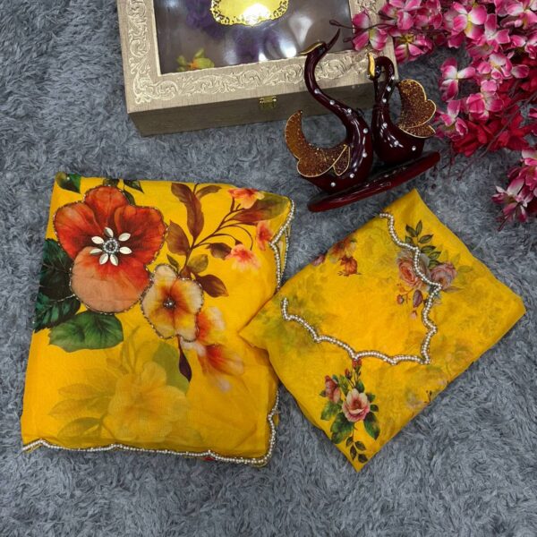 Women's Vibrant Yellow Floral Digital Print Saree with Zari and Stone Embellishments – Complete with Heavily Worked Blouse Piece for Festive & Wedding Wear